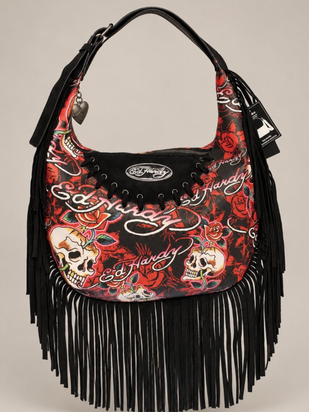 Ed Hardy Skull Rose Fringe Hobo Shoulder Bag Black Red NWT Y2K